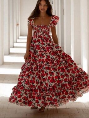 ALB Anne Louise Boutique Sz 12 Monaco Rose Print Maxi Dress Tie Back Smocked